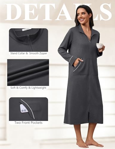 Image of Ekouaer Zipper Robes for Women Long Sleeve Lightweight House Coats with Pockets Zip Up Bathrobe Loungewear S-3XL