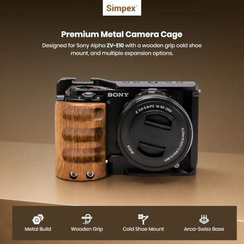 Image of Simpex Camera cage Compatible with ZV-E10 Black,Mount Accessories,NATO Rail and 1 /4″-20,Integrated Handgrip,Includes Arca Bottom Plate,Detachable Mounts