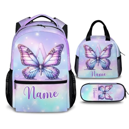 School Backpack for Girls, Custom Name Monogram Butterfly Backpacks, Personalized Initial Bookbag with Lunch Box for Kindergarten Primary Elementary, Schoolbag with Pencil Case Bundle for Kids