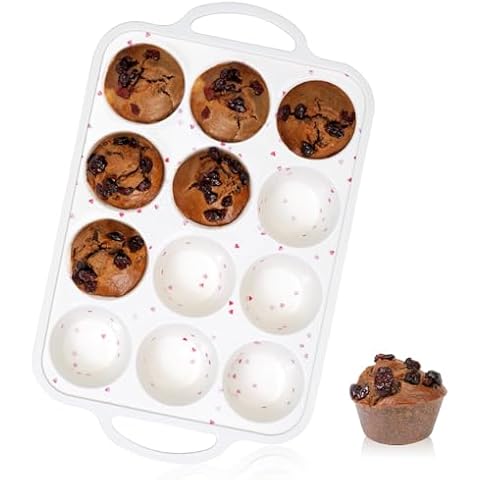 Fimary Muffin Pan - 12 Cups Silicone Muffin Pan Non-Stick Food Grade Silicone Cupcake Pan for Muffins,Tart, BPA Free and Dishwasher Safe - 1 Piece - Beige With Heart-Shaped Pattern Cover