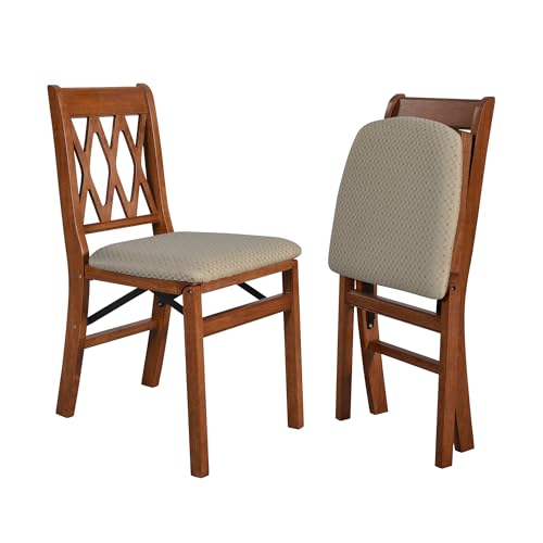Stakmore Lattice Back Wooden Folding Chairs with Padded Seats, Set of 2 - No Assembly Foldable Dining Chairs, Steel...
