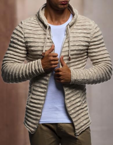 Leif Nelson Strickjacke Herren mit Kapuze & Reissverschluss (Beige, Größe XL) - Strick Sweatjacke Männer Cardigan für Winter Baumwolle