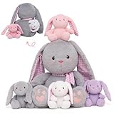 OUOZZZ Lapin de Pâques en Peluche,Maman Lapin de 28 cm avec 4 Bébés Lapins Miniatures,Jouets Doux et Adorables pour Enfants, Le Cadeau de Pâques Parfait