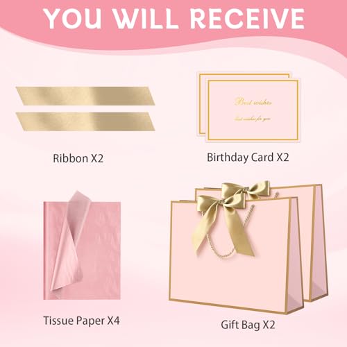 Image of JMANNI Pink Gift Bags with Handles, 14.6 inch Large Gift Bags with Tissue Paper | 2 Pcs Pink Gold Bags, 4 Tissue Paper and 2 Cards, for Baby Shower, Wedding Bridal Shower, Birthday Party