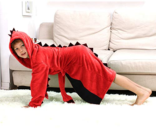 Kids Robes Boys Dinosaur Bathrobe Hooded Flannel Sleep Robe Soft Animal Robe (Red, Large/8-10Y) #TOP3