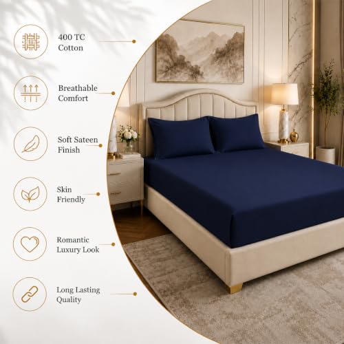 Image of LINENWALAS 100% Cotton Fitted Bedsheet, 400tc Long Staple Imported Egyptian Cotton, Premium Bed Sheet with Pillowcase for Single Bed All-Around Elastic for 4-8 Inch Mattresses (36 inch x78 inch, Navy Blue)