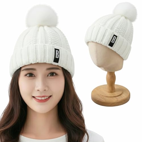 Image of Kraptick Women's Winter Cap - Knit Beanie with Soft Fleece Lining Hat, Stylish Pom Pom Thick Woollen Skull Cap, Warm Hat for Ladies & Girls -3
