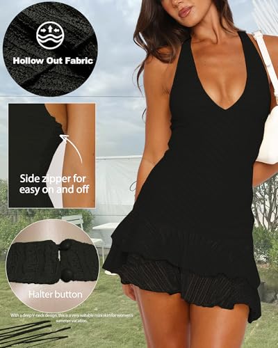 Image of Women's Summer Dresses 2026 Sexy Halter V Neck Backless Hollow Out Ruffle Bodycon Cocktail Party Vacation Mini Dress