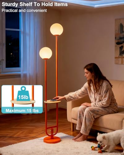 Image of 63IN 2-Globe Orange Floor Lamp Dimmable Tall Standing Lamps with Table 3000K Warm White Unique Modern Mid Century Floor Lamp with 5Lbs Heavy Base for Living Room Bedroom Home Office