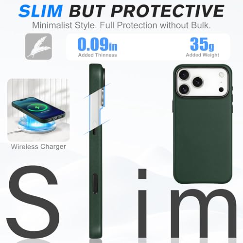 Image of SHIELDON Genuine Leather Case for iPhone 17 Pro Max 6.9 inch, Midnight Green | Compatible with MagSafe, Magnetic Wireless Charging, Camera Button, Metal Buttons, Camera Bezel, Slim, Shockproof, Women Men