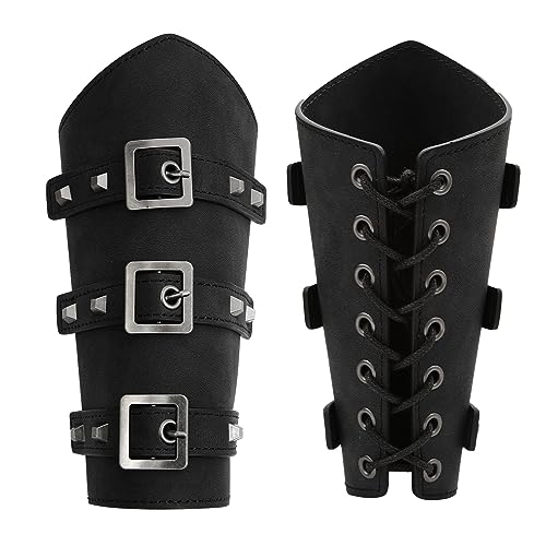 1 Pair Faux Leather Medieval Bracers Vintage Viking Arm Gauntlet Bracers Halloween Cosplay Costume Accessories (Black M)