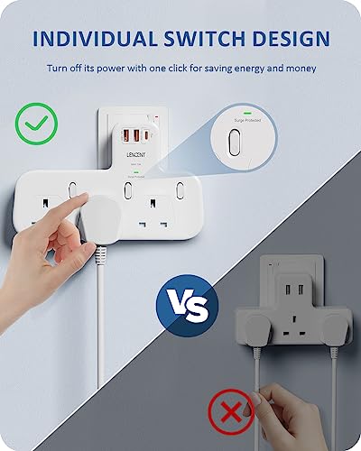 LENCENT 3 Way Plug Extension with PD 20W USB-C & 2 USB-A QC 3.0, Multi Plug Adaptor UK with Individual Switches - Image 4
