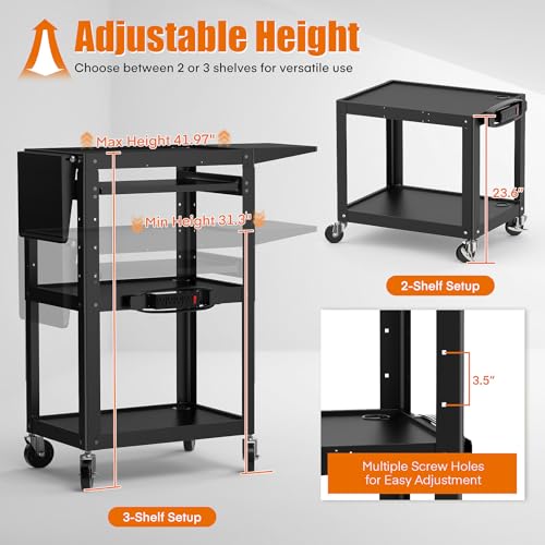Image of All-Steel Rolling AV Cart with Adjustable Height & Built-in Power - Heavy-Duty Media Workstation with Drop-Leaf Shelves & Wheels for Projectors, Laptops, Printers - Classroom, Office & Studio, Black