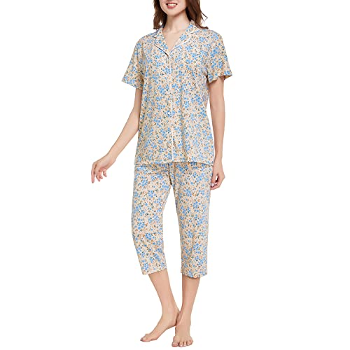 Image of Tugege Capri Pajamas Set Womens Button Down Short Sleeve Lounge Sets Sleepwear Notch Collar Top & Capri 2 Piece PJ Sets