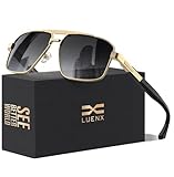 LUENX Sunglasses for Men Square Polarized Polygon Shades Driving UV 400 Protection 60mm-Gradient Grey Lens Gold Metal Frame Glossy Temple