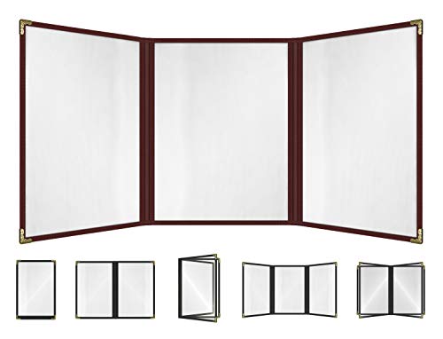 Goodsmart Restaurant Menu Covers – 25 Pack Burgundy 6-View Trifold 8.5" x 11", Side-Loading Vinyl &amp; Plastic Menu Holders, Clear Menu Sleeves, Leather-Style Café Covers with Gold Corners