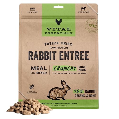 Image of Vital Essentials Freeze Dried Dog Food, Rabbit Mini Nibs, 25 oz Bag | Crunchy, Complete Meal or Topper, Made With 96% Rabbit, Organs & Bone, High Protein Raw Nutrition, Grain-Free Recipe