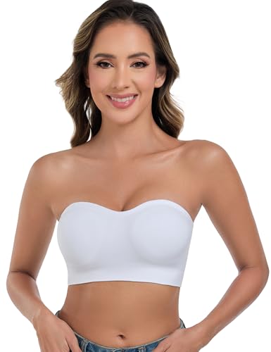 ANGOOL Strapless Bras for Women Wirefree Non-Slip Tube Top Invisible Bralette Seamless Padded Bandeau Bra, White, S
