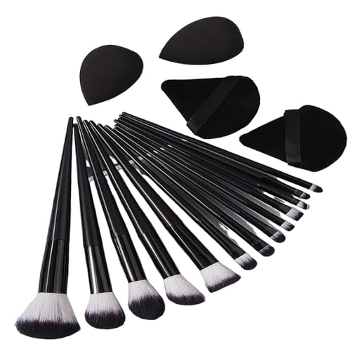 Juego de 17 brochas de maquillaje: rubor, sombra de ojos, brocha correctora + borla triangular súper suave y huevo de belleza con gotas de agua, negro, 17 piezas