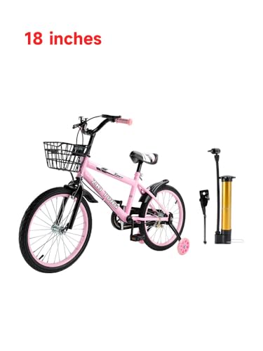 Areyourshop 18 Zoll Kinderfahrrad, Verstellbarer Sitz & Lenker, Kohlenstoffstahlrahmen, Doppelbremsen, Stoßfeste Speichenräder, Magnetische Blitzräder, Abnehmbare Stützräder, Jungen/Mädchen Fahrrad