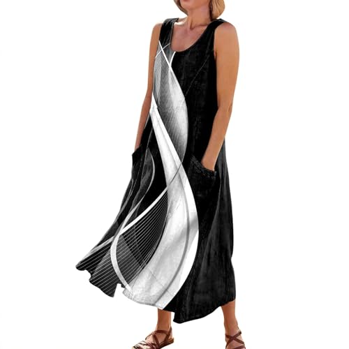 ODJOY-FAN Tank Dresses for Women 2024 Vacation Round Neck Cotton Linen Dress with Pockets Sleeveless Print Flowy Dresses Maternity Dress Casual Linen Summer Dresses for Teens（2-Dark Gray,2XL）