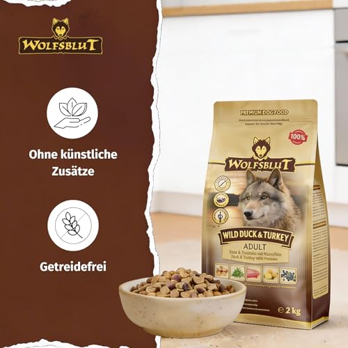 WOLFSBLUT – Wild Duck & Turkey Adult | Trockenfutter mit natürlichen Zutaten und Superfoods für ausgewachsene Hunde. Getreidefreies Alleinfutter ohne Zusatzstoffe im Beutel | 2kg Ente & Truthahn