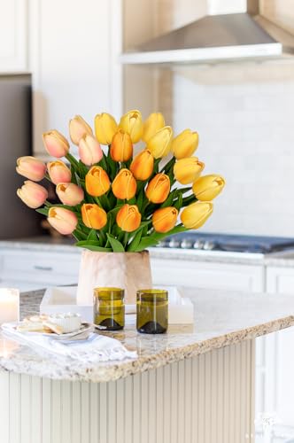 Image of 24 Pcs Artificial Tulips Flowers Mixcolor Real Touch Fake Tulips Fake Flowers for Mother's Day 13.5 inch Faux Tulips Faux Flowers Bulk Artificial Tulips Flowers for Vase Centerpieces Home Wedding Bouquet