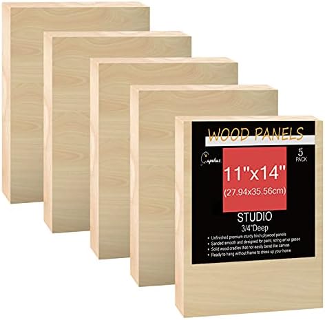 Unfinished Birch Wood Boards Canvas for Painting, 5 Packs 3/4’’ Deep Cupohus 11’’ x 14’’ Wooden Cradled Panels for Pouring Art, Crfats, Paints and More