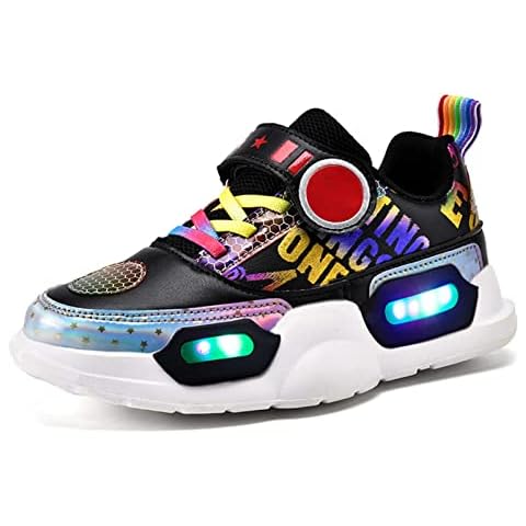 IRON JF Children's LED flash shoes fashion personality USB charging luminous shoes youth leather shiny outdoor sports shoes boys and girls football print platform sneakers (Color : Black, Size : 34) Cover