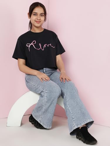 Image of Li'l Tomatoes Girls Crop T-Shirt | 100% Cotton | Graphic Printed Summer Top | Soft & Breathable Casual Wear | 7-16 Years