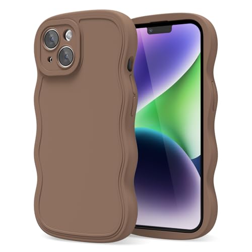 oakxco Girly Silicone Case for iPhone 14, Wavy Curly 14 Phone Case for Women Aesthetic, Y2k Cute Wave Frame Ripple Design, Soft Rubber Matte Plain TPU Bumper Case, Brown Fall