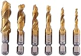 Kombi-Bohrer- und Gewindebohrer-Set, 6-teilig, fraktioniert, mit 1/4-Zoll-Sechskantschaft und Spiralnut-Gewindeschneidwerkzeug-Set (M3-M10, Gold)