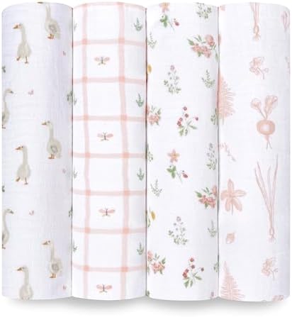 aden + anais Essentials Disney Baby Muslin Swaddle Blankets, Newborn Receiving Blanket for Swaddling, 100% Cotton Baby Swaddle Wrap, 4 Pack, Country Floral