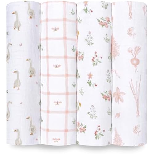 aden + anais Essentials Baby Muslin Swaddle Blankets, Newborn Receiving Blanket for Swaddling, 100% Cotton Baby Swaddle Wrap, 4 Pack, Country Floral