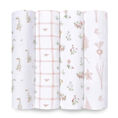 aden + anais Essentials Disney Baby Muslin Swaddle Blankets, Newborn Receiving Blanket for Swaddling, 100% Cotton Baby Swaddle Wrap, 4 Pack, Country Floral by aden + anais - Used condition - CA$50.55