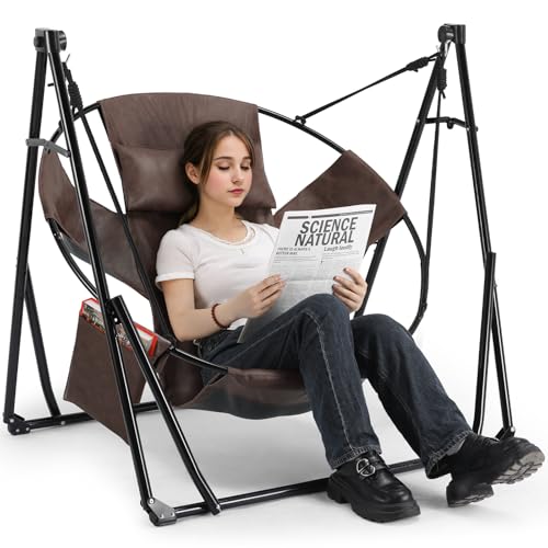 Arlopu 3 in 1 Portable Hammock with Steel Stand,Foldable PU Leather Swing Chair,6-Level Standing Hammocks Included Carrying Bag,Side Pocket,Pillow,for Outside,Indoor,Yard,Garden,Patio,Camping(Brown)