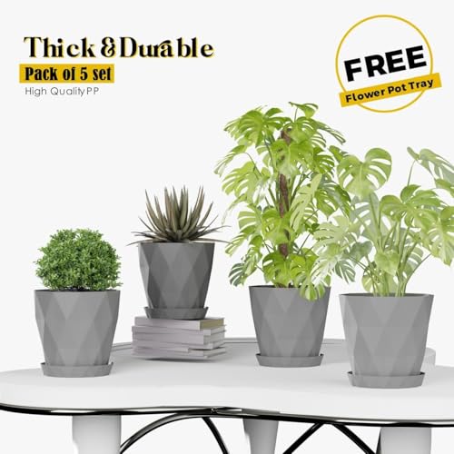 Image of OCRETA Set of 5 | 6.5 Inch Flower Pots for Home Decoration, Garden Plants, Indoor Use - Big Plastic Planters (Elegant Grey)