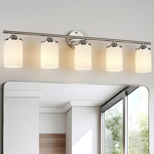 Image of Jonsi Nickel Bathroom Light Fixtures 5-Light Vanity Lights Modern Wall Sconce with Milk White Shade Brushed Nickel Bathroom Light Fixture Over Mirror for Bedroom Hallway Kitchen