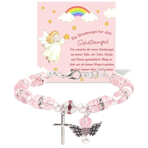 XFSRG Bracelet Première Communion Croix Fille Bracelet Perles Communion Ange Pendentif Croix Facettes Cristal Perles Strass Bijoux Fille Cadeau Baptême...