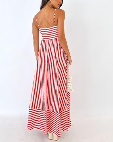 Image of KMBANGI Women Striped Sleeveless Maxi Dress Swing Patchwork Midi Dress Smocked Spaghetti Strap Colorful Long Sundress