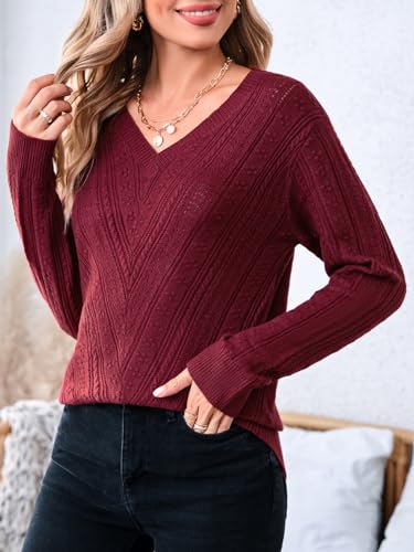 Imily Bela Pullover für Damen Herbst Langarm,V-Ausschnitt,Schulterfrei,Leichter Ausgehöhlt Crochet Strickpullover(Weinrot,S)