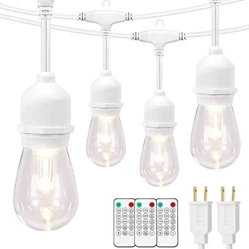 Mlambert 3 Color Outdoor LED Dimmable String Lights for Patio with Remote, Plug in 96FT(2x48FT) Waterproof Shatterproof LED Edison Bulb Light, Warm White Daylight White for Bistro Pergola-White Cord