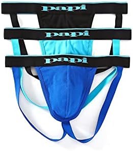 papi mens Cotton Stretch Jock Strap 3-pack of thong underwear, Black/Cobalt/Blue, Large US