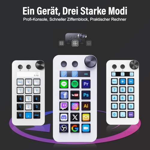Treaslin N1 3-in-1 Stream Controller Deck,Profi Macro Keypad mit 15 animierten LCD-Tasten,Regler&Display,Auch als Numpad&Rechner für Streaming&Produktivität(Win10+/Mac14.0+)-White