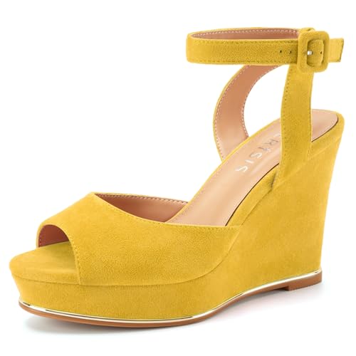 Image of Women's Dressy Platform Wedge Sandals Gold Wedges Peep Toe Patent High Heels Slingback Heeled Comfortable Ankle Strap Shoes