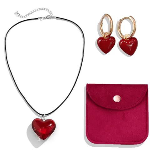 Colgante de Corazón Rojo con Pendientes de Corazón Rojo y Bolsita de Terciopelo Set, Gargantilla de Corazón para Regalo de Cumpleaños de Aniversario Día de San Valentín