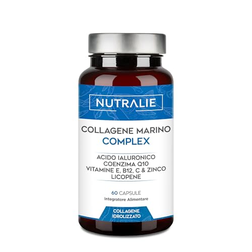 Collagene Marino Idrolizzato + Acido Ialuronico Q10 Vit C E - Pelle - Vitamine C E e Q10-100% Peptidi di Collagene di Tipo I - 60 Capsule Nutralie