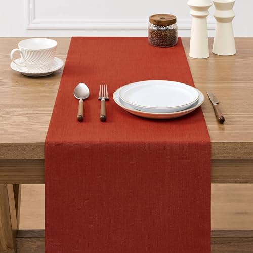 Image of ZeeMart Linen Textured Border Table Runner, 14 x 36 Inch Orange, Farmhouse Style Burnt Orange Fall Table Runners 36 Inches Long, Easy Care Everyday Polyester Table Runner
