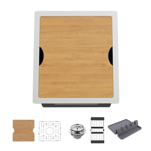 Koardink 15x17 in Stainless Steel Undermount Bar Sink Modern Single Bowl Drop in Kitchen Sink Workstation Combo - SS Grid, Cutting Board, Drain Assembly