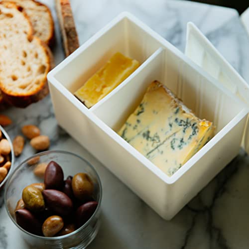 Capabunga Cheese Vault With Divider - Reusable Artisan Cheese Storage Container For Fridge - Food Grade Silicone Cheese Container 6X4X3.5” - Cheese Keeper For Refrigerator - White Cheese Holder #TOP6